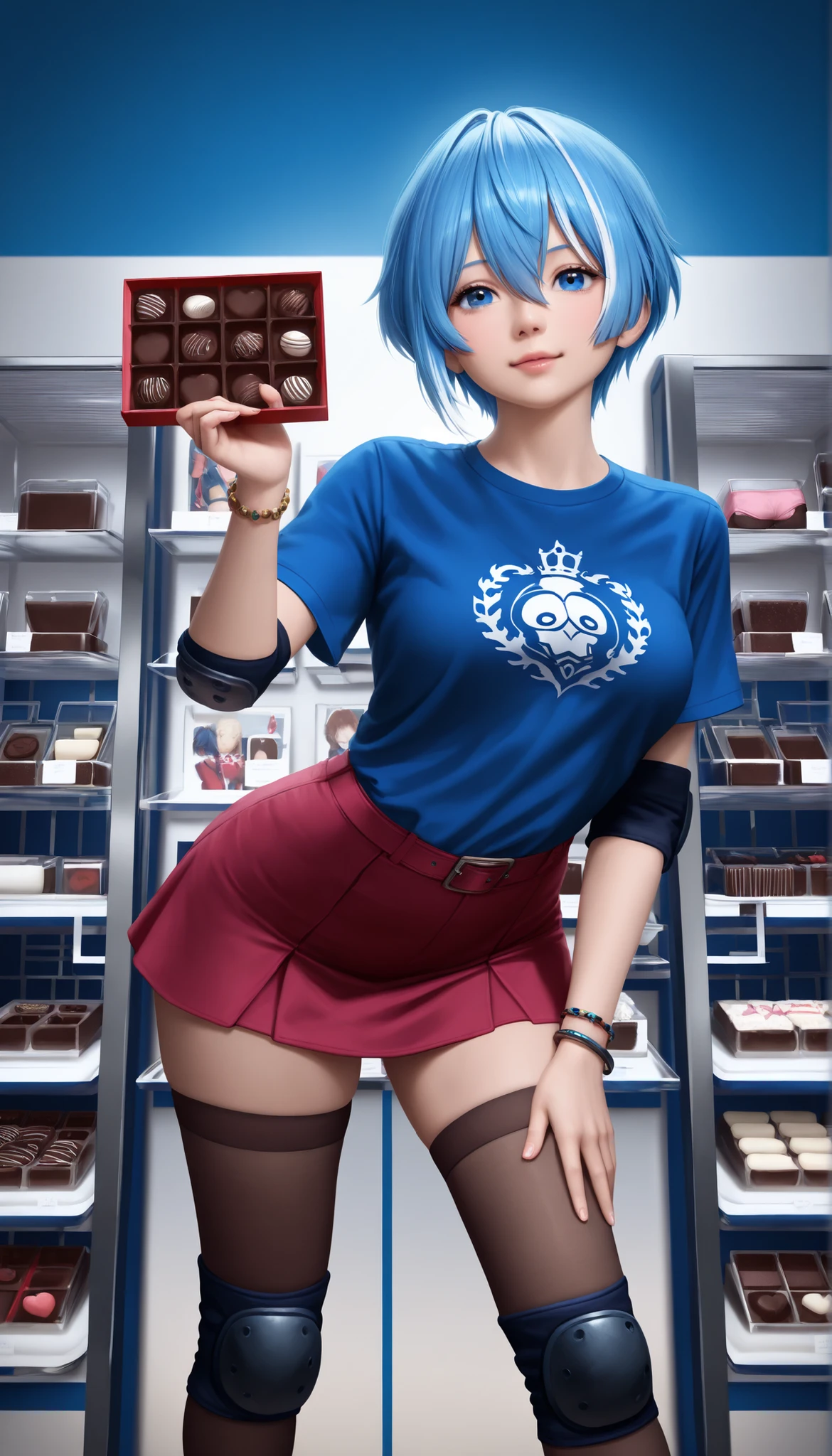 ((RAW Photo), Absurds, (Absurd Resolution)), ((Hyperrealism, Photorealistic)), (beautiful girl, 23 years old), (aquamarine blue hair with white highlights), (Instructor, Chuunibyou, Kind, stockings), (outfit: pink , red miniskirt, royal blue t-shirt, bracelets, knee pads, elbow pads), (leaning over looking at chocolate display case), (Background: colorful display cases), (facing the viewer), (View: Photographic Perspective). «SunPuma S»