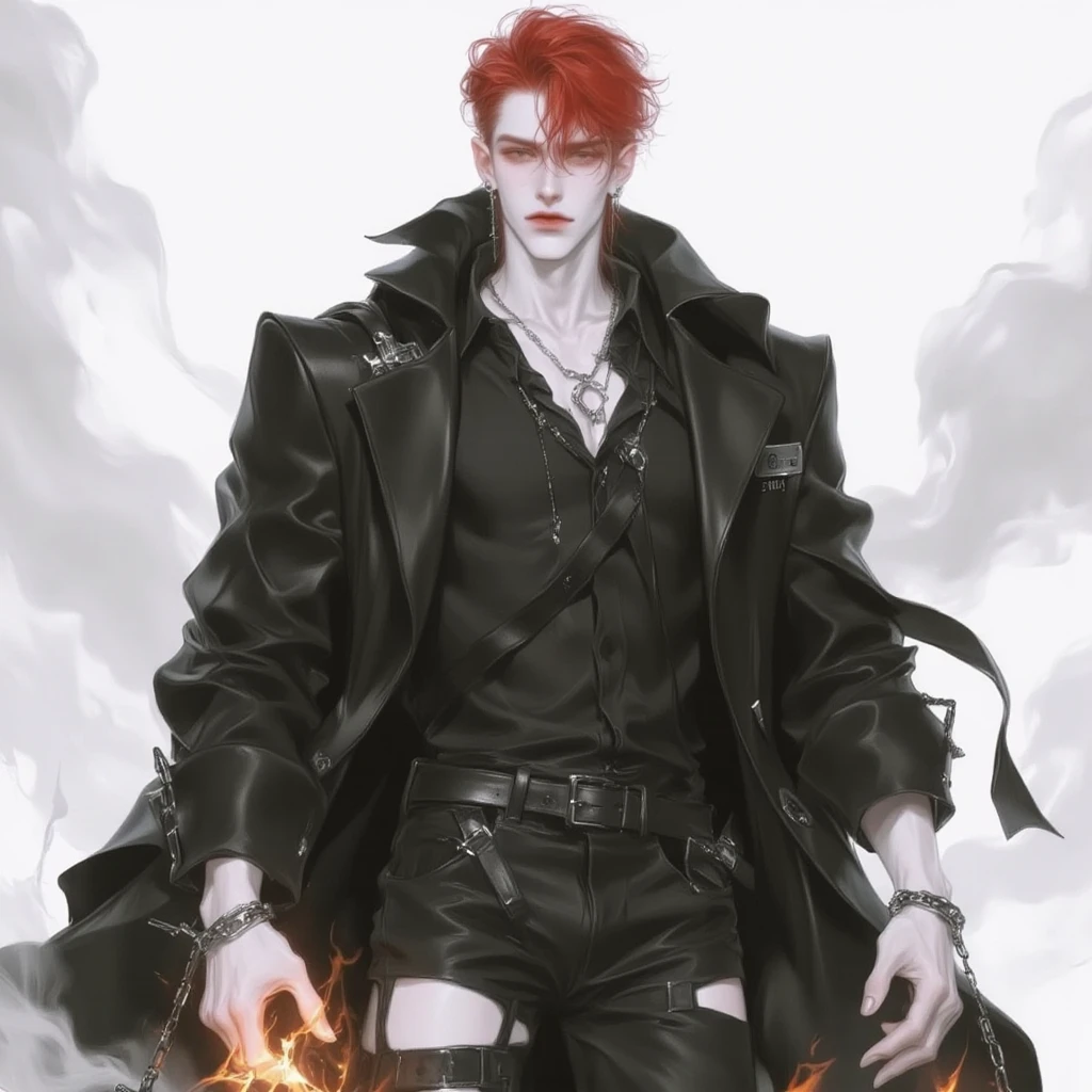 ((character design)) ((diferentes puntos de vista mismo personaje)) ((cara perfecta)) He is a handsome demon man., 18 years, con el pelo largo y rojo, con grandes cuernos negros, con cola y alas de demonio, vestida de estilo rockero, con el pecho y los brazos desnudos. Tiene tatuajes en los brazos., y usa botas de combate, ((character design))