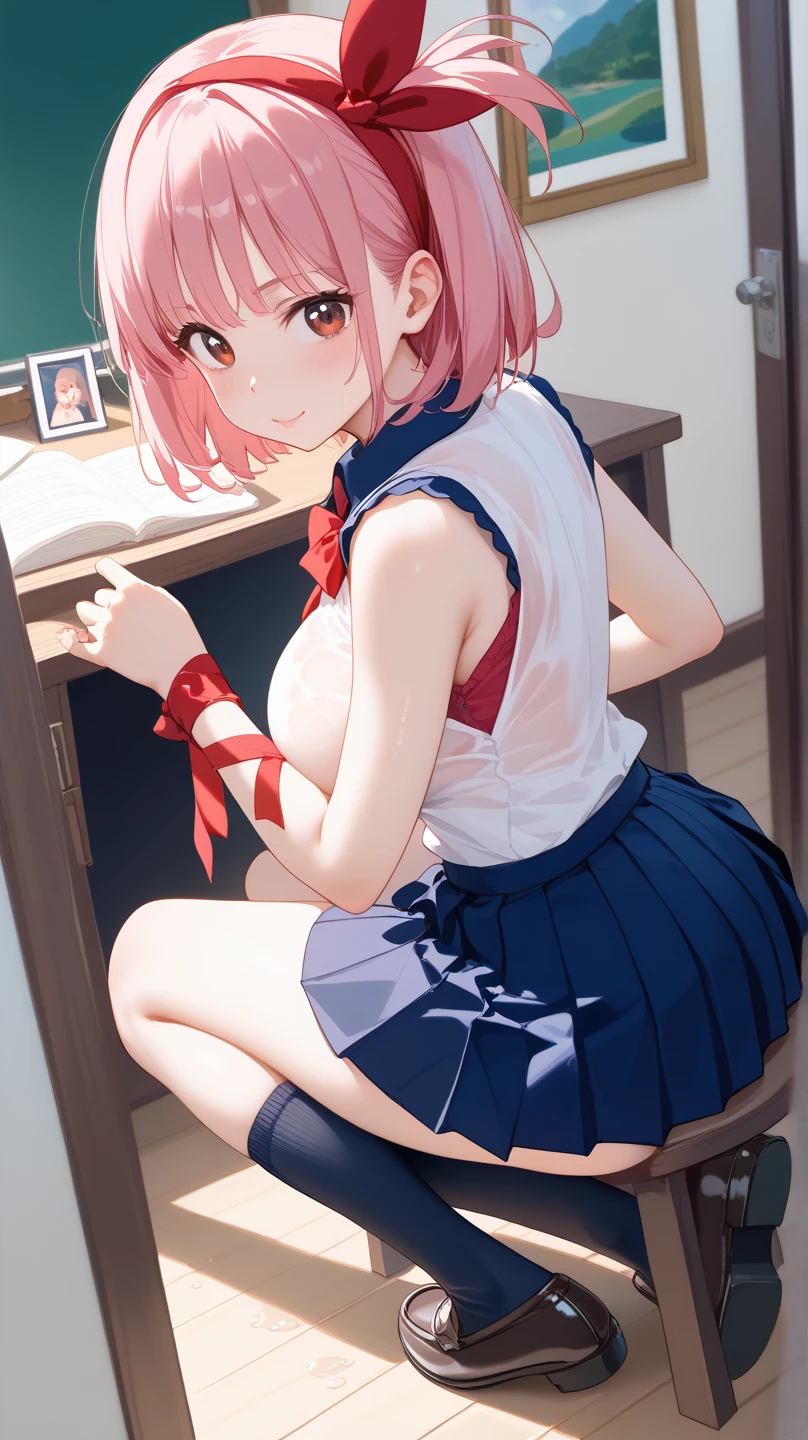 nsfw,1 girl,loli,petite,(Huge breasts:1.6),short hair,shining eyes,(blush:1.5),(embarrassed:1.5),(surprised:1.3),(happy:1.5),looking at viewer,wet,(see through:1.3),(white sailor uniform:1.6),(see through:1.5),(white pleated very short pleated miniskirt:1.6),(skirt lift:1.7),g-string,kyriedef, hair over one eye,(lying from behind:1.8),classroom,Realistic,High-definition,
