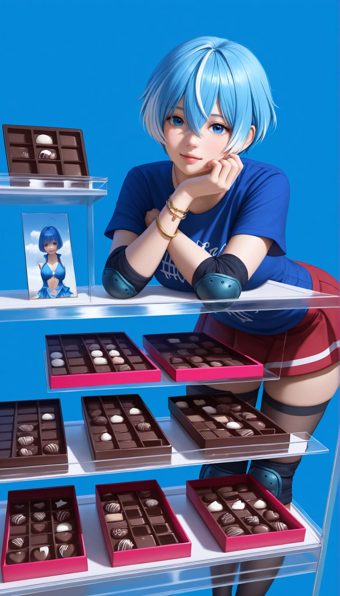 ((RAW Photo), Absurds, (Absurd Resolution)), ((Hyperrealism, Photorealistic)), (beautiful girl, 23 years old), (aquamarine blue hair with white highlights), (Instructor, Chuunibyou, Kind, stockings), (outfit: pink , red miniskirt, royal blue t-shirt, bracelets, knee pads, elbow pads), (leaning over looking at chocolate display case), (Background: colorful display cases), (facing the viewer), (View: Photographic Perspective). «SunPuma S»