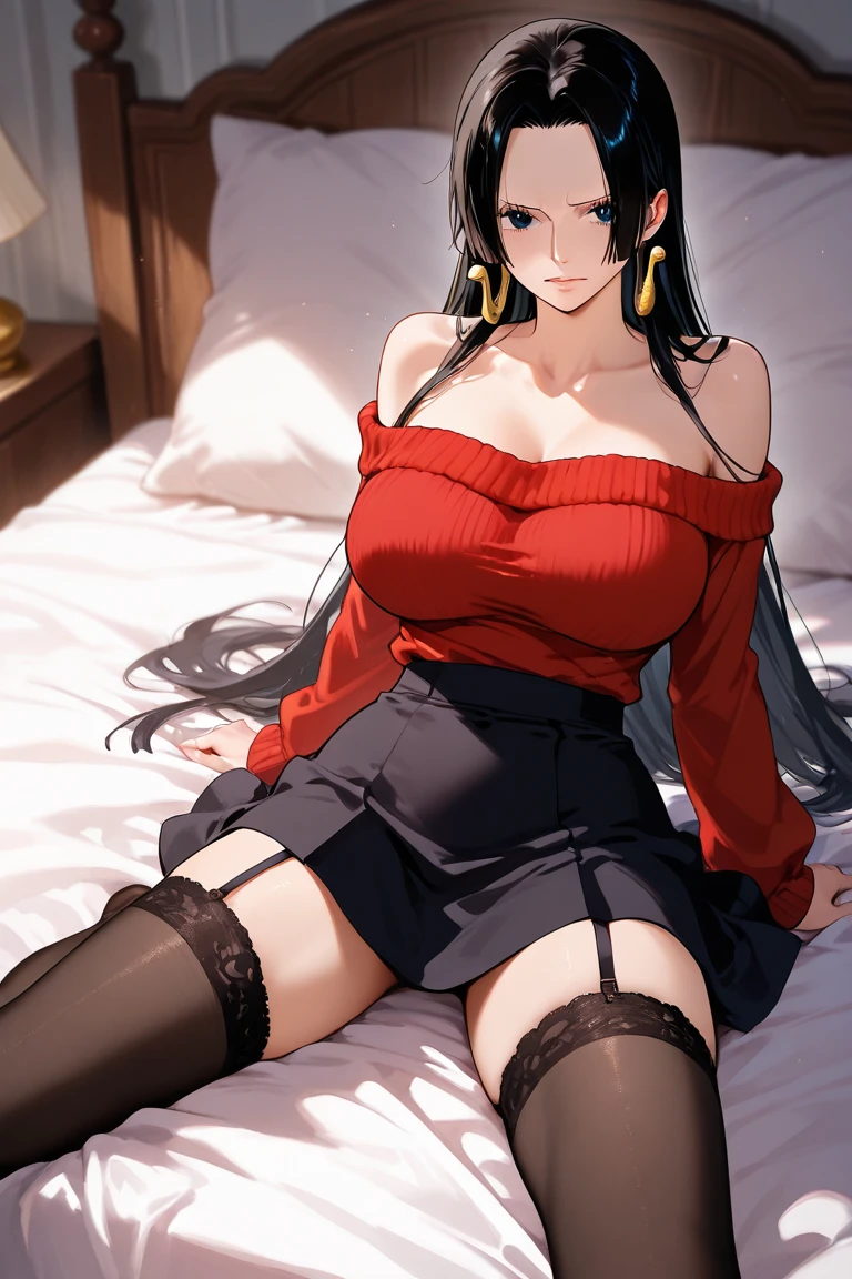 (extremely detailed CG unity 8k wallpaper, masterpiece, best quality, ultra-detailed, intricate detail), (best illumination, best shadow, an extremely delicate and beautiful)(masterpiece), (best quality), (absurdres), 1girl, yor briar, bangs, black pantyhose, cleavage, earrings, gold earrings, gold hairband, hairband, jewelry, long hair, long sleeves, looking at viewer, medium breasts, off-shoulder sweater, off shoulder, pantyhose, red eyes, red sweater, smile, solo, (sweater), white hairband, lying on bed, black hair, black panties, panties under pantyhose, mature woman, closed mouth