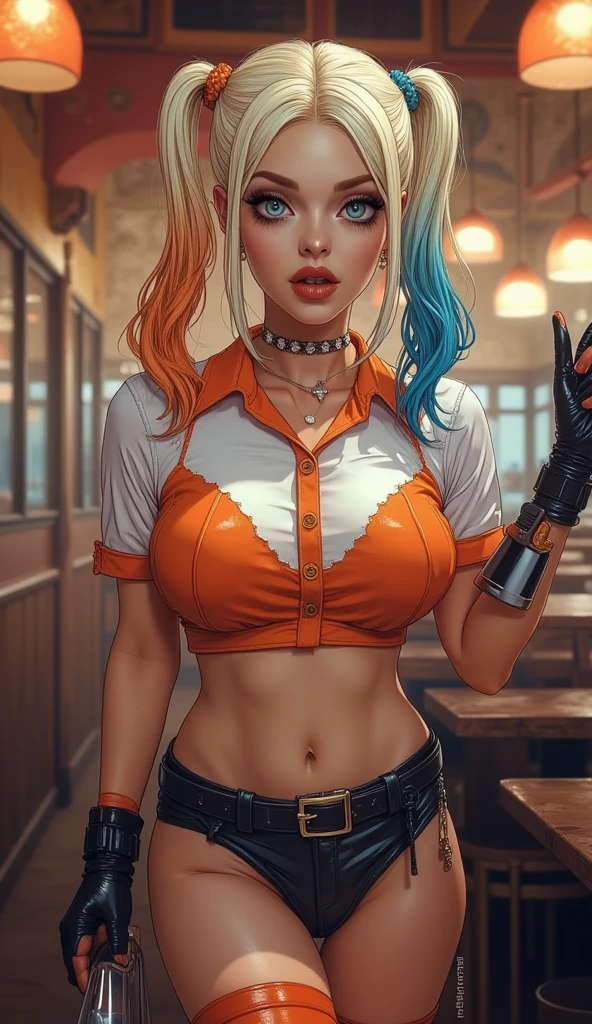 Arlequina da DC, ((vidro)) Cerveja IPA no bar, Harley Quinn, bem refrigerado. com (prato)) aperitivos com alcaparras e pistaches ao lado. 8k resolution