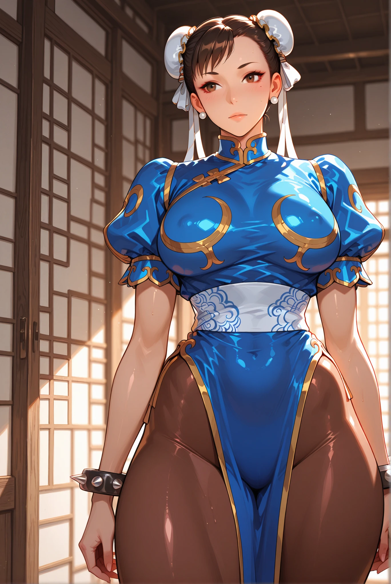 masterpiece,Highest quality, Unreal Engine, Super Resolution, Very detailed,
1 Girl, Waist, thin, (Muscular:0.8)
Round Breasts, Big Breasts, bold,  Lips parted, Observe the audience,
Are standing, sexy pose
Waist shot,
Simple background anime style, Key Visual,
Hair Bun, Blue Chinese clothing, Chunli, Street Fighter,Sticky with sweat,Clothes are also wet, 