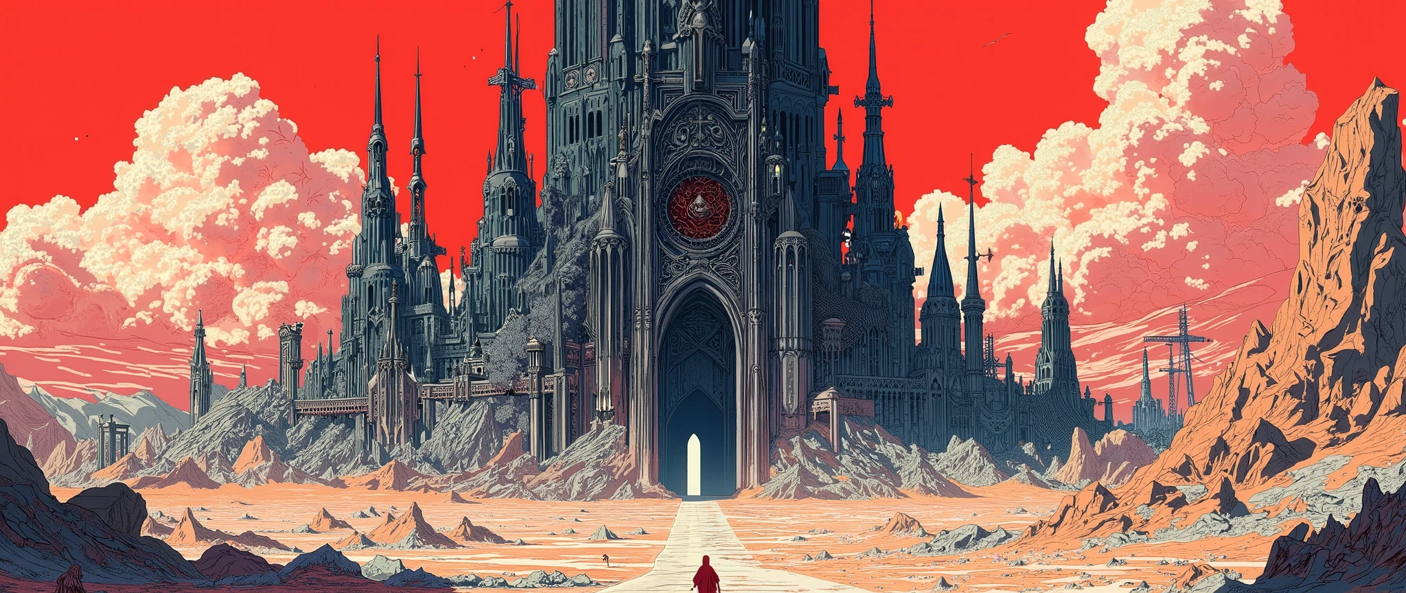 low angle scene, from the ground, view from the ground, a vast desert with arid mountains, in the middle of the scene, a dark cathedral, black cathedral with small windows, it is very tall, and has gothic architecture, pointed roofs, the scene is seen from the bottom up with emphasis on the huge vertical gate of the cathedral, a huge gate with carved details on the gate, diabolical details, and it is possible to see the cathedral surrounded by an abyss with a point of land that connects it, rendered in the anime style 'vampire hunter d blood lust' and berzeker, akira, anime background style [[aerial view]], blood red sky, post apocalypse scenario