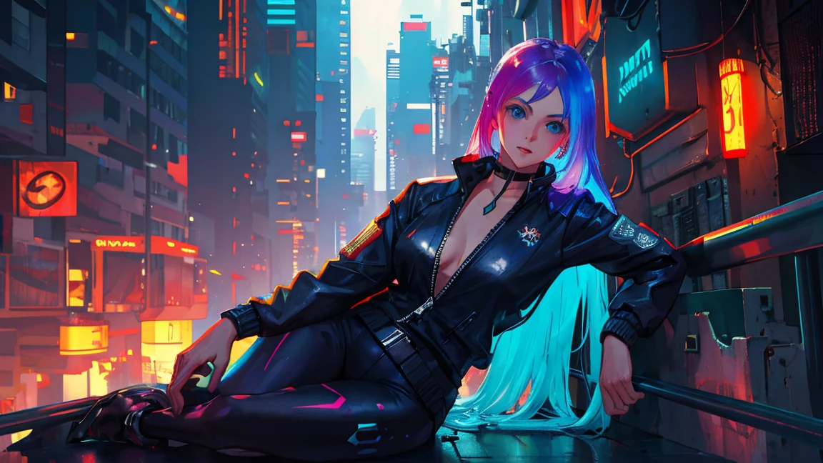 ((Best Quality)), ((Masterpiece)), notebook, sitting, ((glasses)), ((freckles)), militar pants, long hair, mature, perfect eyes:1.2, woman face, big breasts, detailed eyes:1.4, woman, hightech visor, visor, high tech, hacker, irezumi, tattoo, techwear, ((headphones)), messy hair, multicolored hair, blue hair, black jacket, gradient hair, leather clothes, (High Definition:1.3), 3D, Beautiful (Cyberpunk:1.3), Colored hair, militar, black clothes looking at camera, hacker woman, neo tokyo