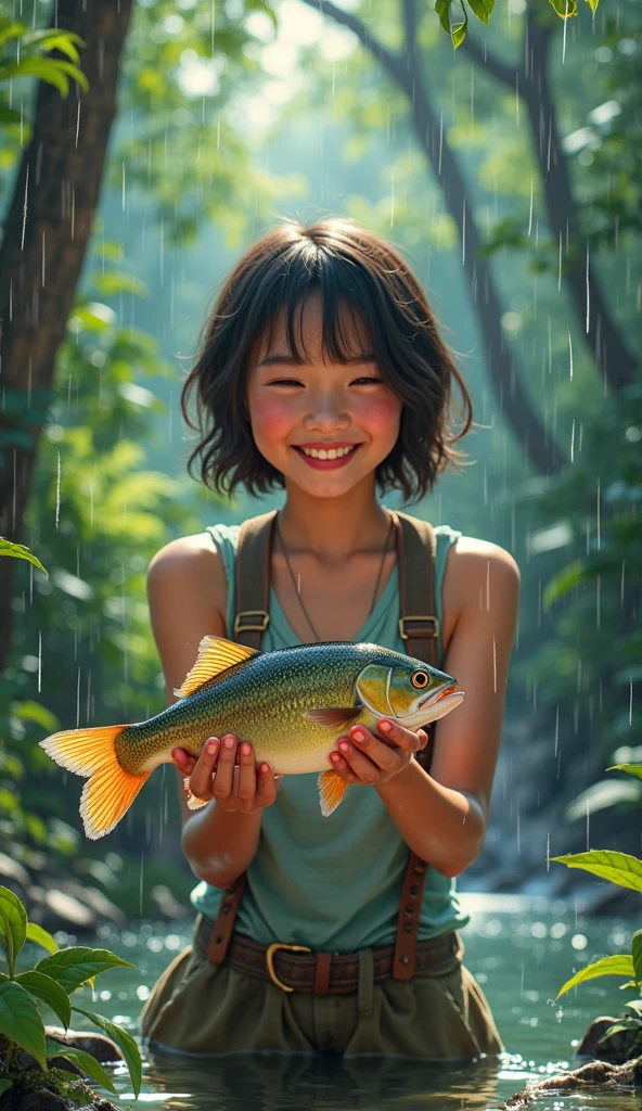 A cute little girl was especially happy to catch a fish