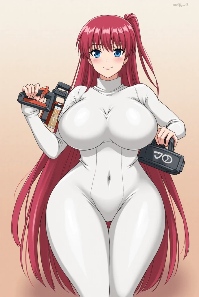 Erza Scarlet, red hair, long hair, huge breasts, looking at viewer, seductive smile, biting lip, naked, huge cock, futanari, (huge balls 1.5), penis milking machine, penis piercing, ladder piercing, pierced nipples, peace sign, anime style