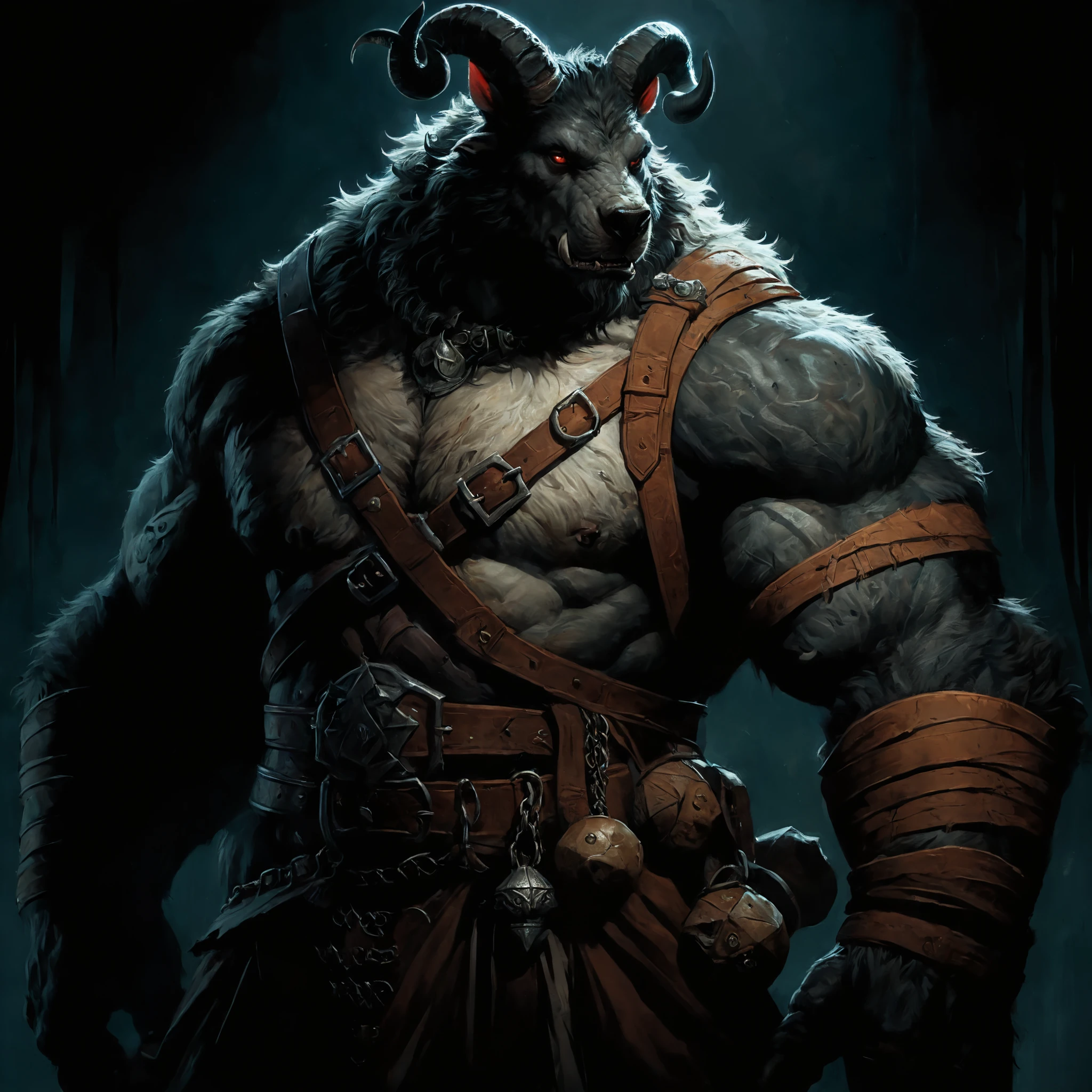 In the dungeon, The hairy black bull&#39;s hands were handcuffed and hung in the air, Feet tied.{Wearing iron handcuffs} There is a round iron ring in the mouth{Because I have rims, ;Wear a collar around your neck, Drooling, Black cow with nipple ring, Muscular body, No clothes, Wearing a thong, Heavy sweating, There is a large amount of unknown liquid on the ground.{Urine, Sweat and saliva keep flowing} The front image shows a strong cow，Wearing nipple rings，Hands and feet are handcuffed，Wearing a collar around the neck，Strong black bull minotaur