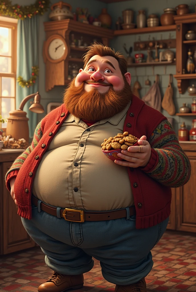 fat old man, laugh, food, red beard, detailed portrait, realistic, photorealistic, ultra-detailed, 8k, best quality, masterpiece, warm lighting, vibrant colors, oil painting, chiaroscuro, impasto, atmospheric, intricate details, dramatic composition