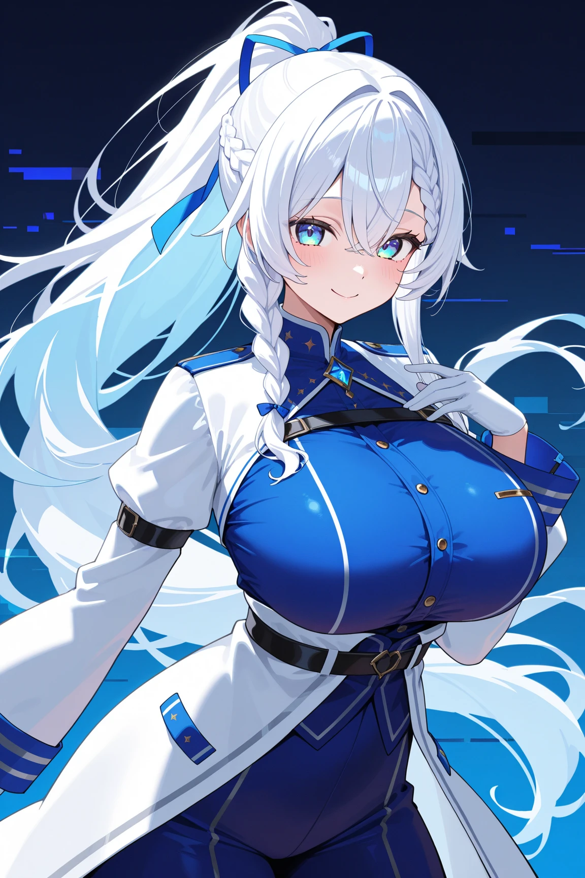 beautiful, masterpiece, Highest quality, anime, One girl, C Cup,Portrait Shot, View your viewers, Intricate details,>,((Covered、Short Hair、nearby、Blue Eyes、art、、White hair,Blue streaked hair、wallpaper、、hairpin、smile、Thighs、Plainer_Race Queen、Plainer_Gloves、Plainer_Knee-high boots