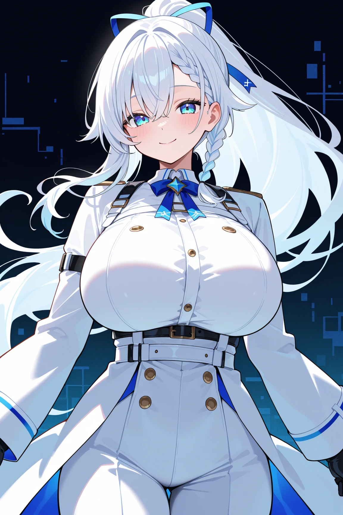 1woman,adult,big breast,25 years old,white hair, medium hair, astronaut uniform, standing, half Body photo, red eyes, bangs, smile