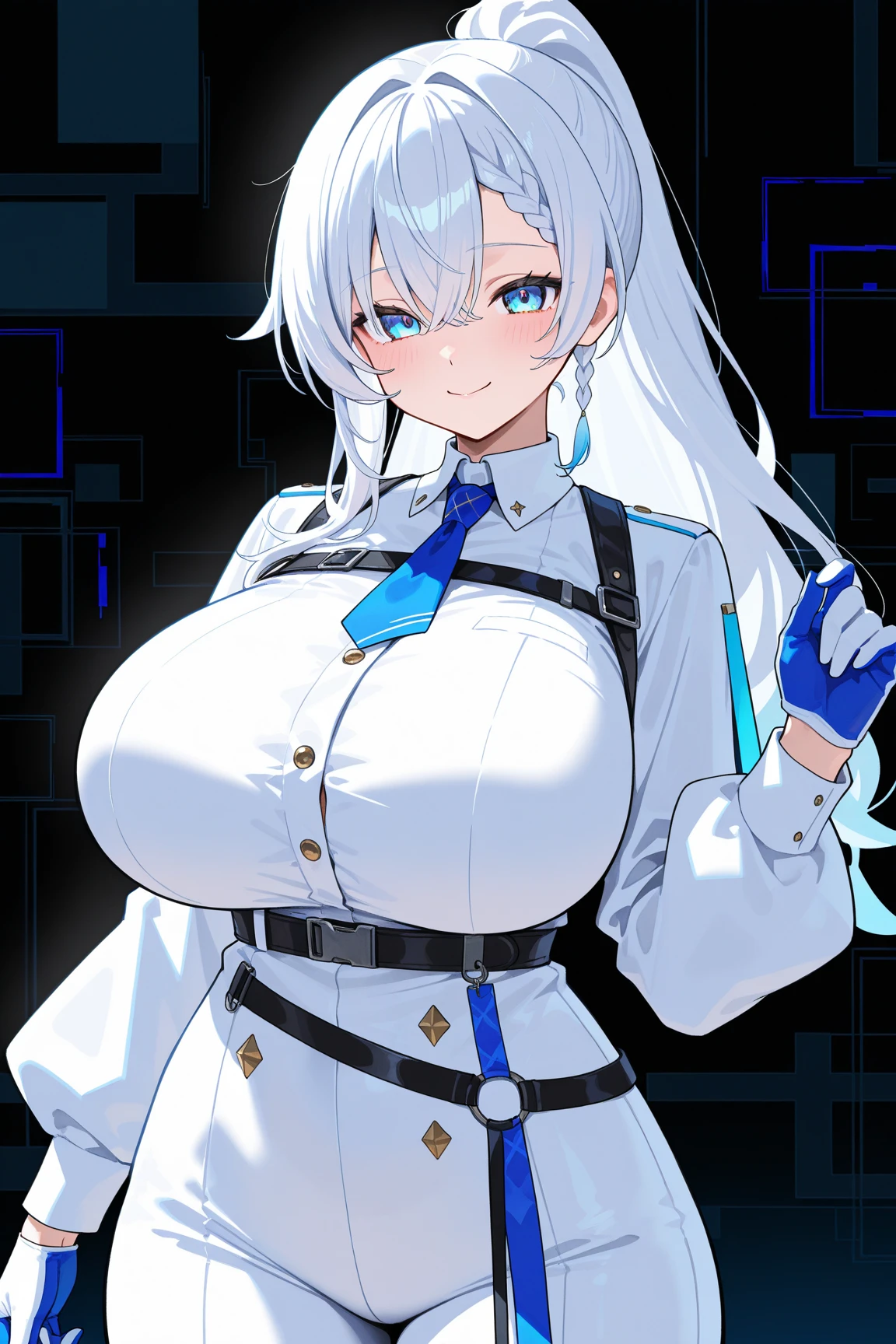 1girl, police, policewoman, police hat, police uniform, dark skin, dark-skinned female, blue eyes, bikini, highleg, highleg bikini, white hair, very short hair, breasts, huge breasts, wide hips, thick thighs, futuristic, science-fiction, tech, machinery, smile, smirk, smug