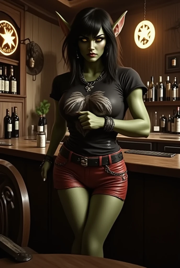 Nude green skin girl, beautiful girl, shackles on neck and arms, black fishnet leggings, holding plate with drinks, big breasts, cum all over body, cum dripping down pussy, standing up, shamed face, in bar, cum on chest, cum on vigina,
