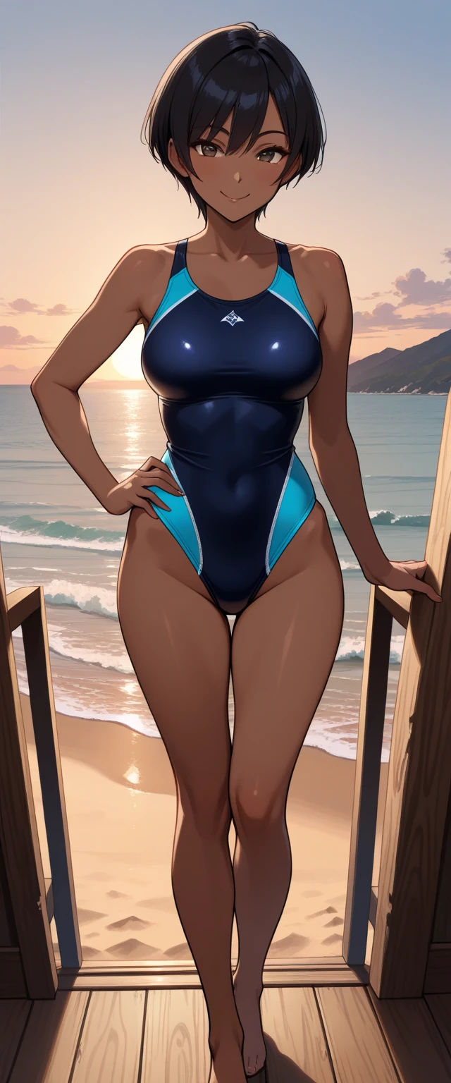 (high quality, High resolution, Fine details), Realistic, ((Slingshot micro swimsuit)), Very tanned skin, Gal、A toned and healthy physique, tropical paradise background, Clear turquoise water, White sand beach, Warm golden sun, gentle sea breeze, Bokeh lighting, alone, Curvy Women, Sparkling eyes, (Fine grain), smile, blush, Sweat, Oily skin, Shallow depth of field、Well defined nipples、Puffy nipples