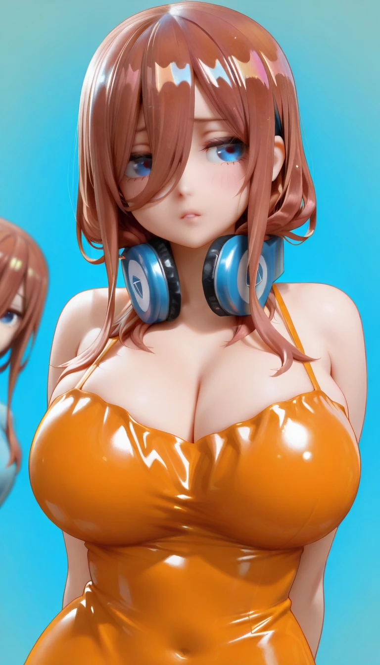 SFW, 1girl, big clear eyes, eye contact, (mid breasts:1.2), red choker, wide view, parted lips, pulpy lips, bright orange hair, showing off the skirt, long messy hair, bangs, highly detailed, soft tones, extreme detail, no background, (detailed textures:1.1), dramatic light, happy smile, high Depth Of Field, slight fisheye lens