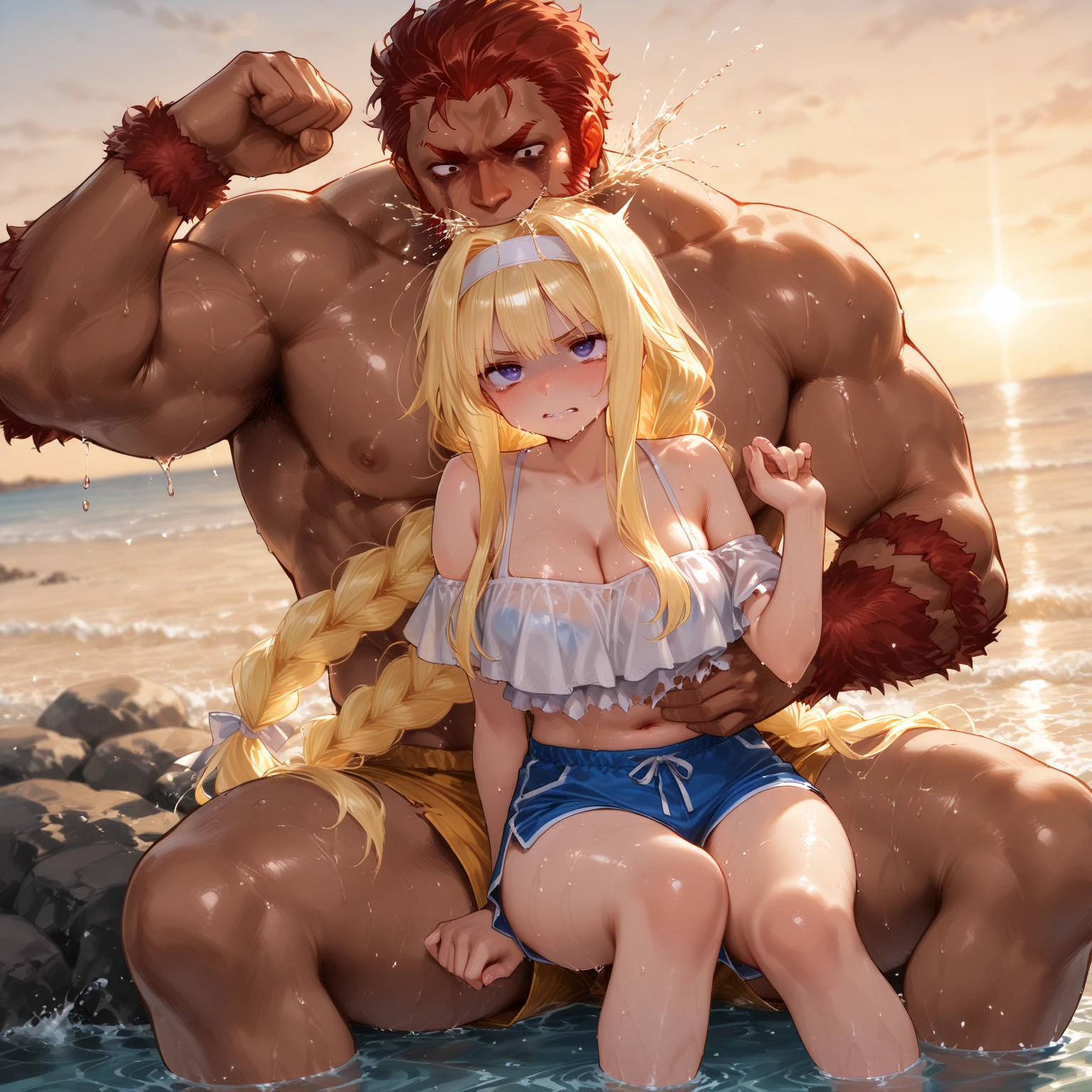 anime style, oblique view, pecorine, mature female, blue eyes, big chest, hair ornament, long hair, orange hair, tiara, braid, hair braid, nude, smile face, shaking, sit down at bald man body, very wet vagina sex, beach, blue sky, Volumetric light, Volumetric particles,