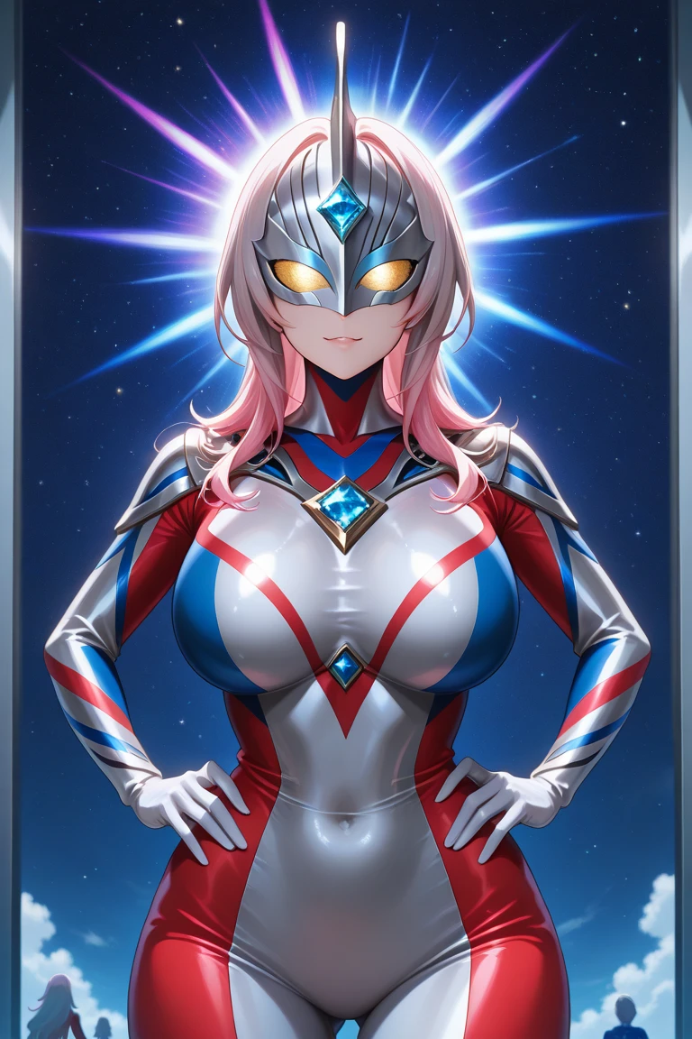 (masterpiece:1.2,Highest quality,Highest quality,High resolution,Very detailed),8k,1 female,Mature female heroine,40 years old,Woman transforming into Ultraman, (Dynamic Makeover:1.2),(Dynamic hair movement:1.2),(short hair),(Shiny Ultraman uniform),(Glowing Skin,Big eyes,Droopy eyes,Long eyelashes,Beautiful thighs,Beautiful Hair,Beautiful Face,Beautiful Eyes,Beautiful body,Beautiful breasts,Beautiful feet,Beautiful fingers),break((Ultraman)),((Ultraman_rise:1.5)),((hand)),(Raise your right fist straight up),(右handはパンチ),(Extend your right arm straight),((Detailed drawing of a fist),(Severe),(The background is a glowing prism flash),((Wrapped in dazzling light)),((Glossy trading cards,Platinum Card))