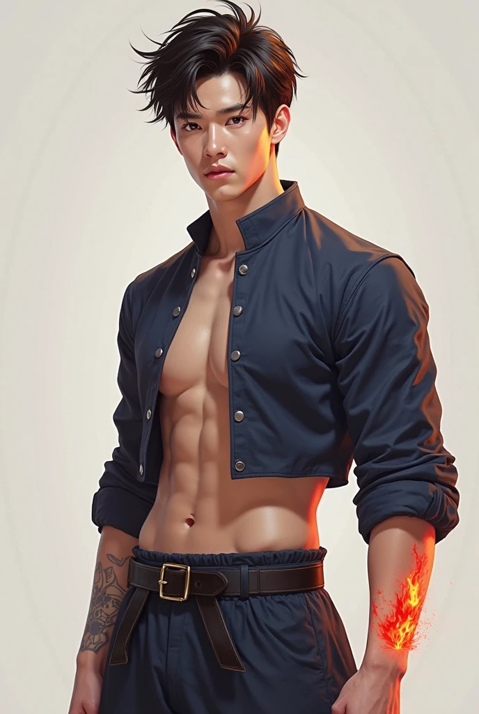 (photorealism:1.2)chinese gentleman,a handsome lawyer,  open chest shirt, showing off body, toned abs and full chest,show off panty waistbandstanding before the door, burflower tree in hand,