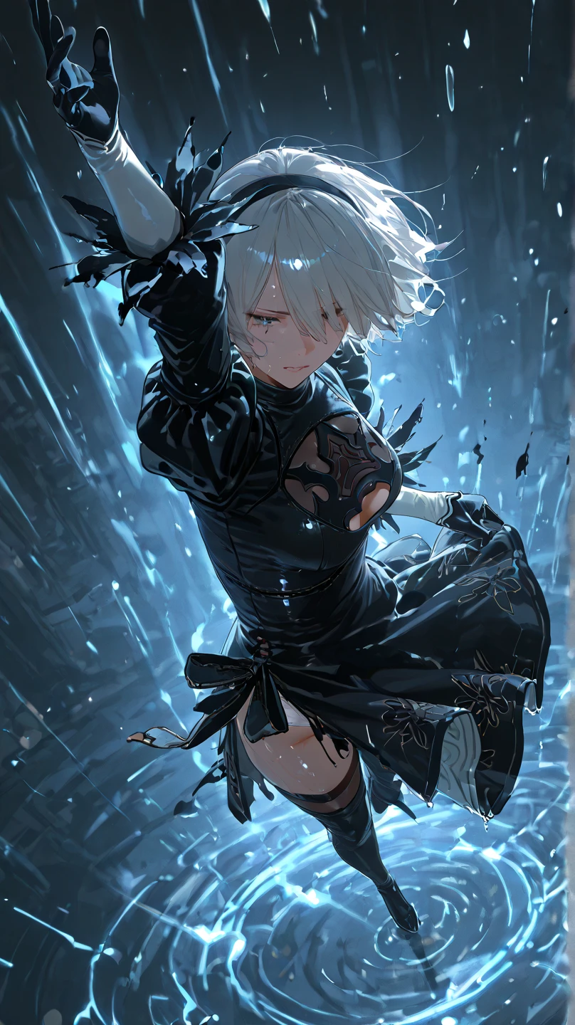 2b (Nier: automaton) ,Floating,masterpiece, high quality, very beautiful, high contrast, semi-realistic, The newest,balancing , blue light particles , aura azul brilliant,dynamic position,Hyperrealistic fighting action ,high angle,wet drip,brilliant skin,brilliant ,score_9 , score_8_above , score_7_above ,wet drip clothes,brilliant clothes,(torn clothes:1.2),Skirt Lift,small breasted,