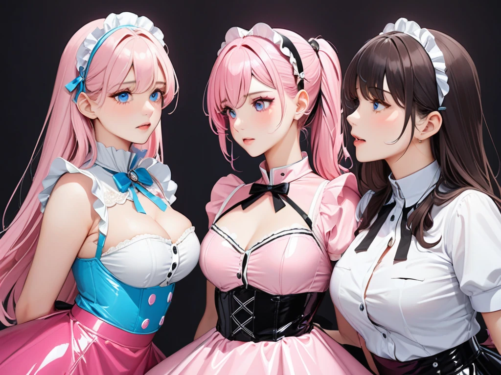 ((Top view、Three beautiful girls、Ruffled Mini Nurse Costume、Off the shoulder、Cleavage Emphasis、Cleavage exposure、Belly button showing、Micro Mini Skirt))、Everyone is wearing different clothes、Random and cute faces、Pink Hair、Blue Hair、Blonde Hair、Quality skin texture、Fine eyes、highest quality、smile、masterpiece、High-resolution images、hospital、On the bed、18-year-old、かわいいsmile、Big Breasts、Surround me、Smile at me、(((Three Girls)))