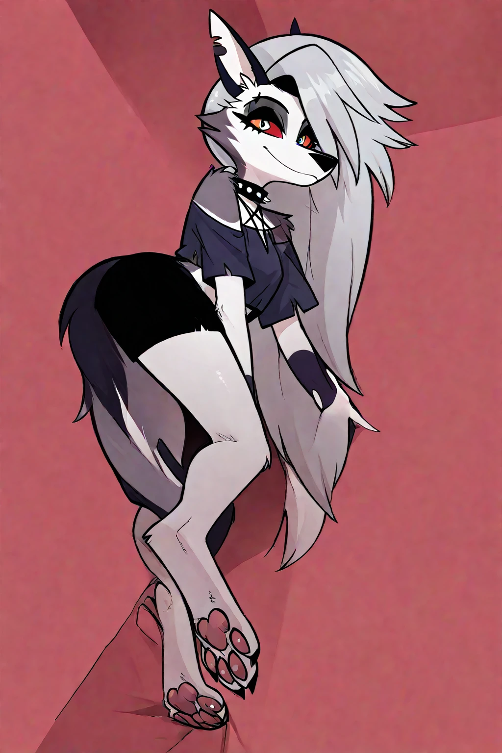 Solo, score_9,score_8_up score_7_up, anthro, Image is a digital illustration featuring an anthropomorphic character, loona for Helluva boss. The character has a sleek, stylized design with predominantly white fur, accented by black markings on the ears, arms, and legs. The character's eyes are red, adding a striking contrast to the monochrome color scheme. The background is a gradient of red hue. The character wears a simple, dark shirt. Stylized illustration of an anthropomorphic loona from Helluva Boss character with her paws prominently displayed She is wearing a gray crop top and short shorts, with black garter-like stirrups on her legs. Focus on her paws with pawfeet features: four toes with slight spread, shiny and soft pink pawpads, visible toe claws, and detailed paw fur. The paws should resemble pawfeet with an arch of the sole and foot similar to a human foot, complete with visible sole wrinkles Emphasize the pawpad details, sole wrinkles, and pawpad texture,