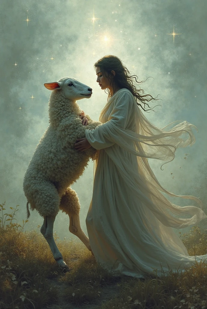 (two shepherd holding a stick, wandering, sheep, sheep, sheep,sheep,sheep,sheep,sheep, many sheep and dogs and birds, blood, dirty clothes, a mature sad female, back of female, ethereal, large breasts, vivid color, bare shoulders, arms down, armpits, thighs, [light smile], expressionless, masterpiece, 8k resolution, fantasy art, ((high jumper's body proportions)), ((obesity: 0.0)), ((((no panties)))), ((no panties))), ((( No pants))),(((No socks)))),(No skirt)))),((No shoes)))),((Dynamic posture)))), (Full body))), , (Greek feet), (Carefully groomed nails),((Delicate and small toes, perfect toes))), (Camel toes),((Correct anatomy)),((Correct dissection))),( Clothing: high slit design, white flowers cut at the waist, perfectly blending with the figure))), (((the world of clouds and mist))), (the clothes are painted with dirty and blood )))),