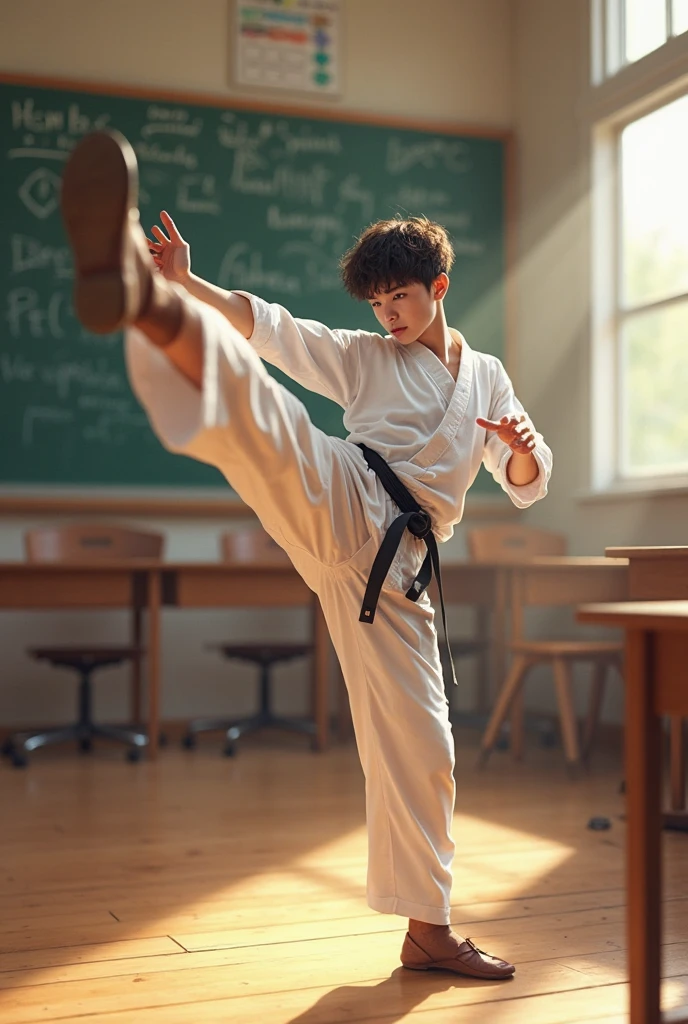 Little boy practices taekwondo