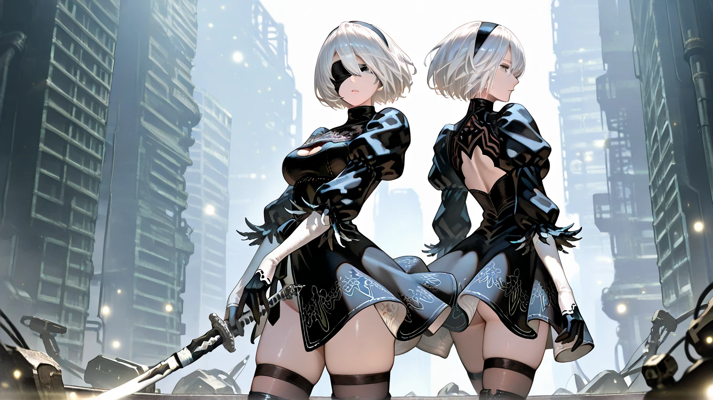 Nier automata, 2b, eyes covered, showing ass, half naked, forest backgroud.(((Half naked)))
