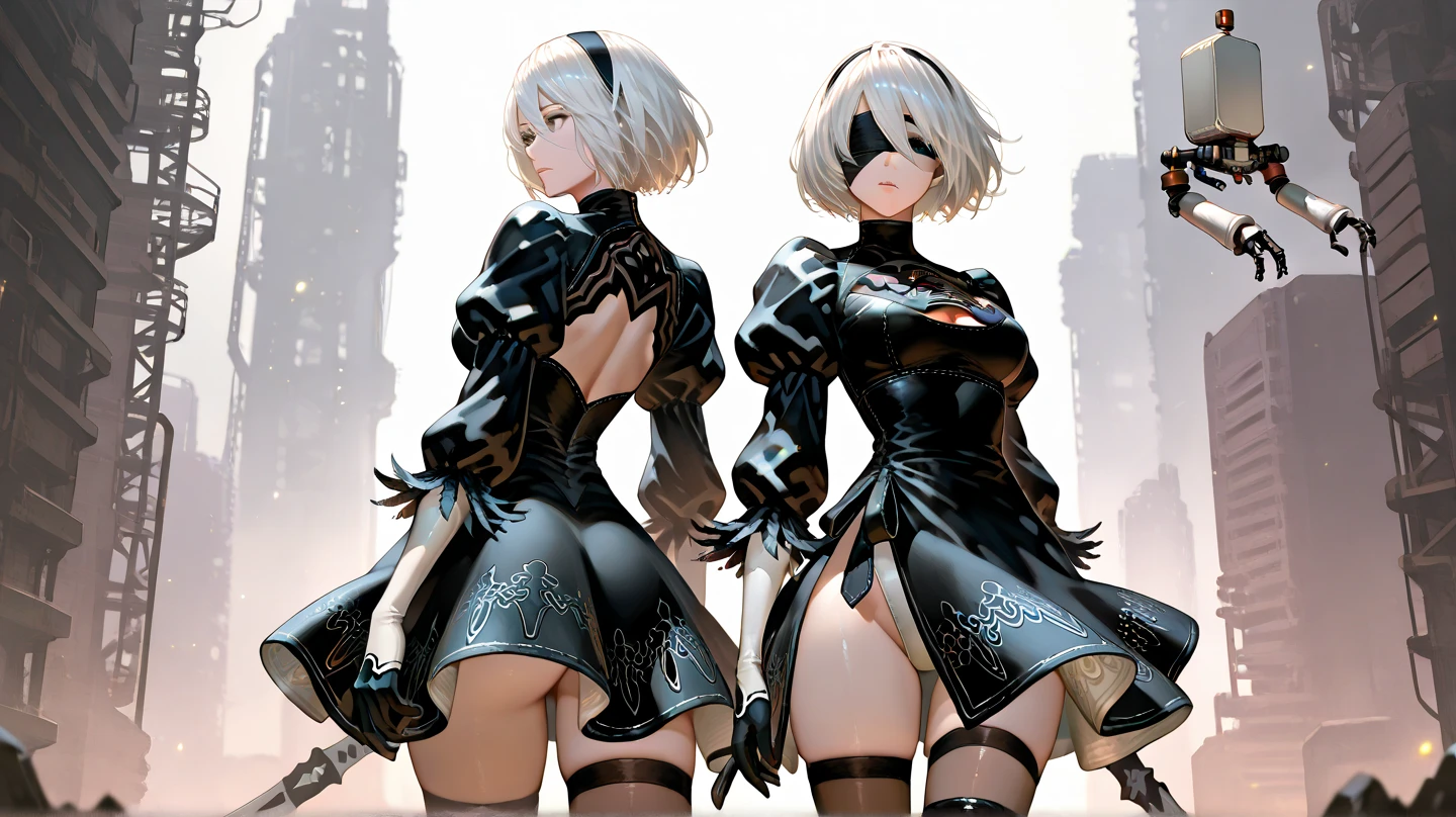 (Masterpiece, nier automata 2B with black blindfold on. Her back is facing us. huge buttocks: 1.5)  (Best Quality, cinematic lighting: 1.5), Perfect Eyes, Perfect Face, Volumetric Lighting,  sunlit atmosphere cinematic presentation,slight frills, Black Stockings, Seductive, background is a romantic nighttime cathedral setting, Super Close Shot, Very accentuated hourglass figure, (Inner Flesh: 0.5), (Nipple Protrusion: 0.5) akin is greasy.  Goose bumps