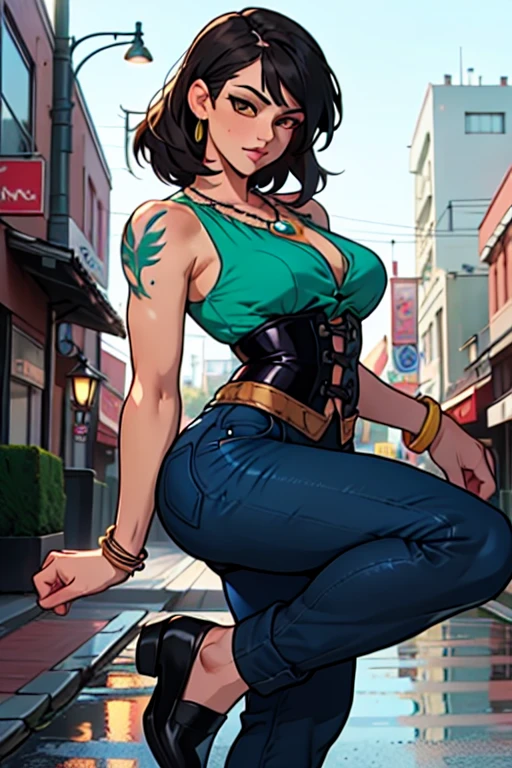 Create a live-action image of a female version of Yusuke Urameshi from Yu Yu Hakusho. She should have a strong, athletic build with an exceptionally large chest, wearing a tight-fitting, low-cut version of Yusuke’s green uniform that accentuates her curves. Her hairstyle should be a slightly longer, feminine version of Yusuke’s signature look. The background should evoke a gritty urban environment, reflecting her street-smart, rebellious nature