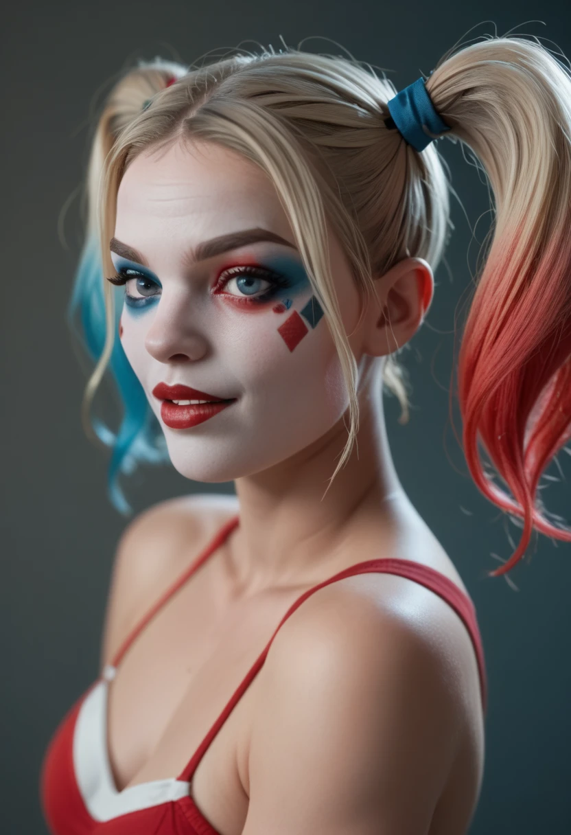 masterpiece, NSFW (Harley quinn), natural tits, (pleasure face), sexy pose, highly detailed eyes and hair, hdr light, war city background,