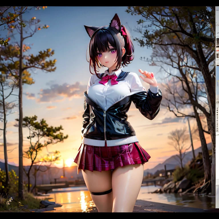 (A high school girl with cat ears jumping into a river:1.5), with water splashing around her. The scene is dynamic and full of energy, capturing the moment she is mid-air just before hitting the water. The environment is a sunny day with clear blue sky and lush greenery surrounding the river. The girl is wearing a typical high , her hair and skirt flowing with the motion. Detailed water splashes and reflections add realism to the scene.