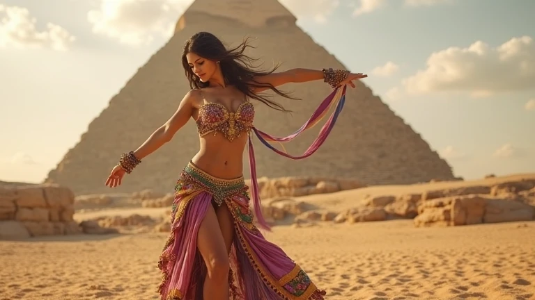 (Conan movie)(best quality,4k,highres:1.2),ultra-detailed,realistic:1.37, A group of Egyptian women (aged near 20, various builds and complexions, tend towards and nimble, ancient Egyptian dancer attire, make up, and body paint) Have been ordered to dance by their queen. Sensual belly dance, graceful serpentine movement, torch light dancing on oiled skin, alluring grace and beauty, revealing outfits. One of the women is extremely excited and volunteers enthusiastically, she is extremely happy. Cover any bare nipples with metallic star pasties (no nudity, safe for work)