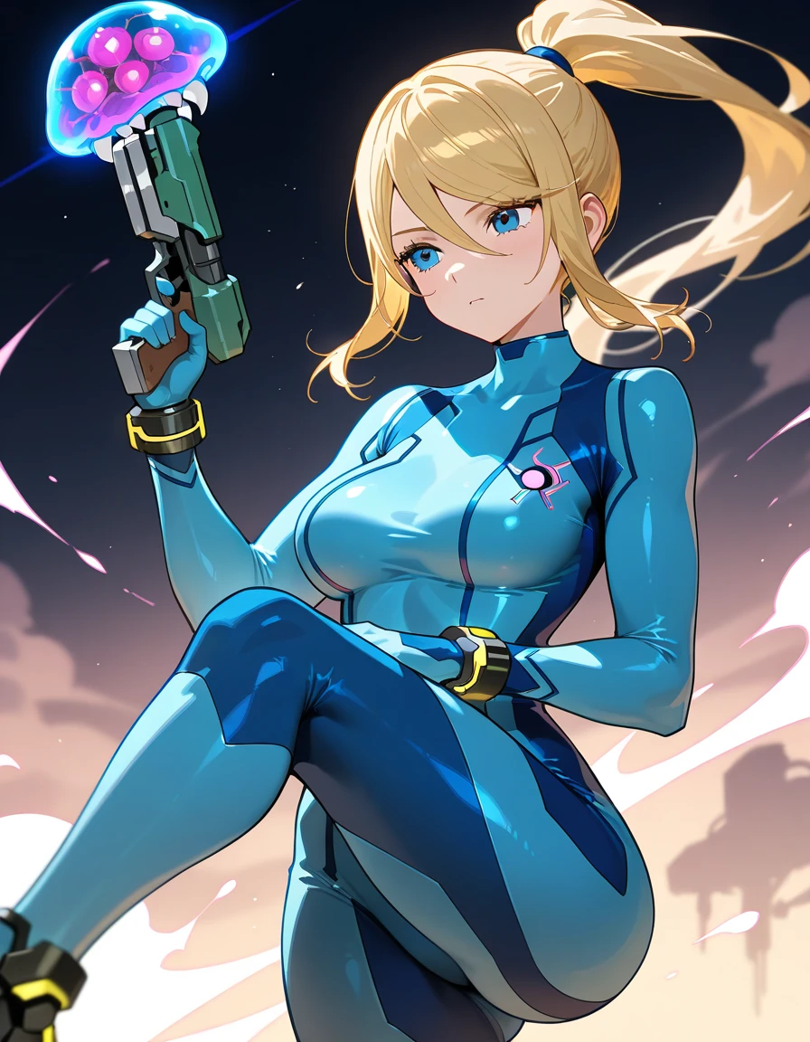 1girl, samus, blue eyes, long ponytail, blonde hair, blue suit, space, standing, looking at viewer