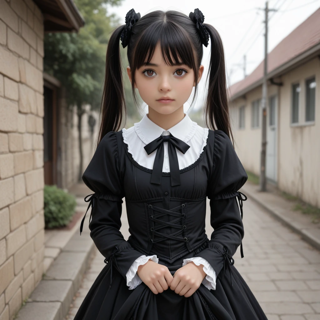 1girl, 12 years old, Famous idol, 1cute girl, very young face, masterpiece, high quality, small face, (very small tits:1.8)Gothic lolita fashion style, dramatic angle:1.4, Stroll around town,half smile:0.5,