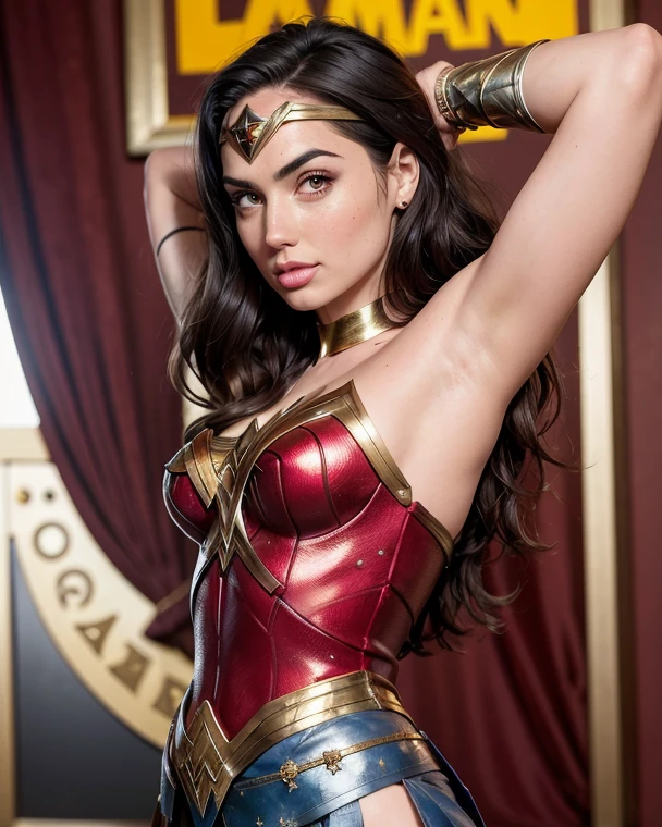 Real life wonder woman with large breast wearing headband and hand wraps, wonder wonder costume posing, sexy gal gadot,