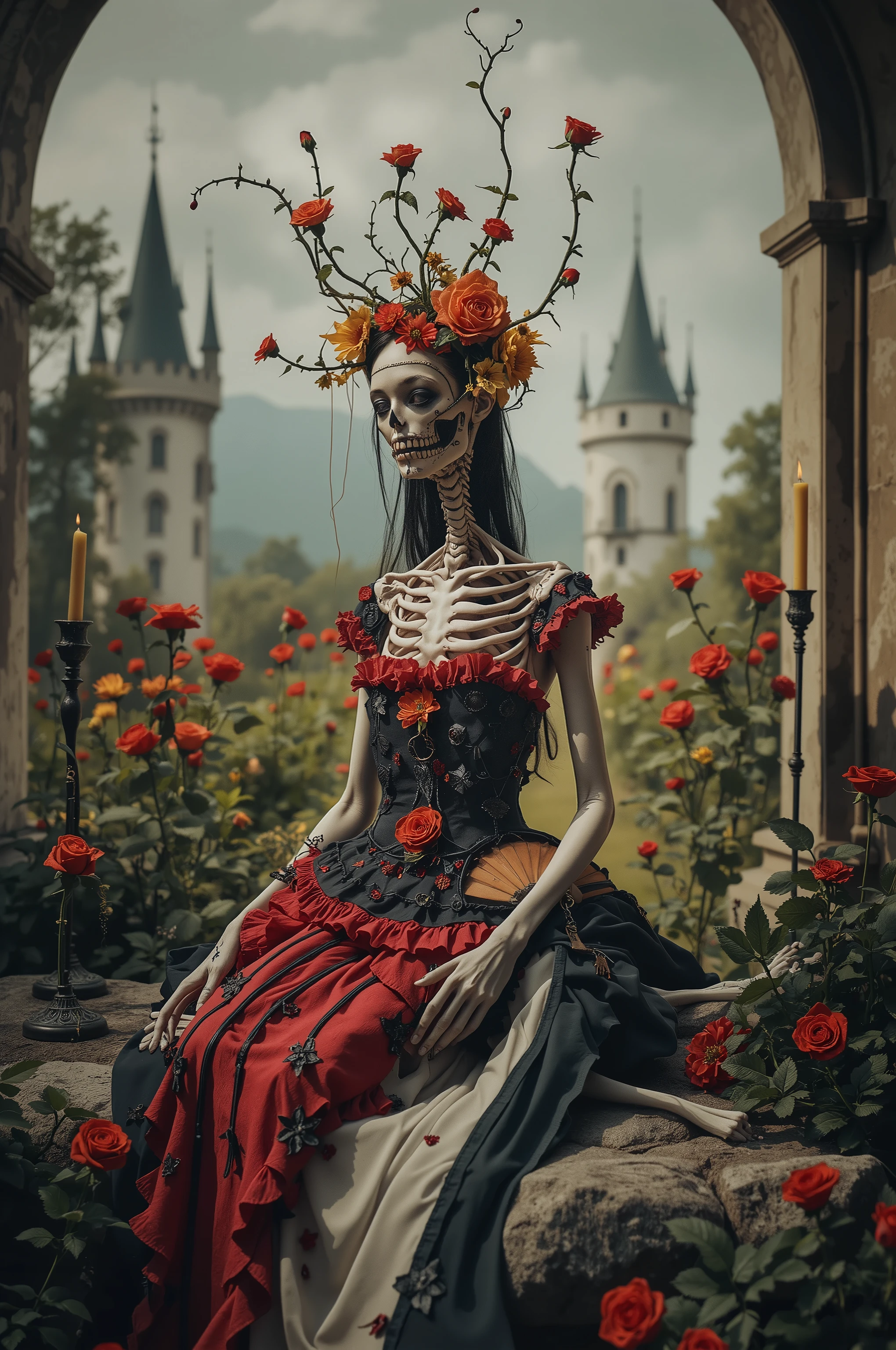 Ultra-realistic, photo-realistic, iconic character, cinematic photography, realistic, hyperrealistic, icon style. A striking figure with an intricately elongated and skeletal neck creates a dramatic and surreal impression. The skin is pale, almost ghostly, stretching over the sinewy structure of the shoulders and neck, while the visible ribs emphasize a skeletal motif. Soft lighting highlights the porcelain-like texture of the skin, which is adorned with a series of elegant metal ornaments along the shoulders and arms. The deep red attire, frayed and ornate around the edges, contrasts starkly against the pale skin, adding a pop of color and enhancing the eerie mood. Wisps of hair cascade in waves, adding softness to the overall angular and macabre composition. The atmosphere is one of haunting elegance, with a somber undertone that blends elements of fantasy and the grotesque.there is a woman with a strange head and a body made of flowers, 4k highly detailed digital art, humanoids overgrown with flowers, humanoid flora, 4 k highly detailed art, 4k detailed digital art, mechanical vegetal cyborg, detailed painting 4 k, detailed fantasy digital art, detailed fantasy art, highly detailed fantasy art, psychedelic organic cyborgIn a surreal, fantastical portrait, an intricate humanoid figure stands surrounded by a lush garden of vibrant roses. The figure's form is a complex, mesmerizing blend of organic and mechanical elements, with skin resembling ivory porcelain intertwined with a network of exposed wires, gears, and botanical motifs. The head is adorned with an elaborate headdress of cables and roots exploding into colorful and bizarre foliage, creating an otherworldly crown. Large, wide-set eyes and a skeletal grin give the face a haunting yet whimsical expression. Brightly colored flowers and ornaments are embedded in the body, adding an enchanting touch of life. The background features a fairy-tale landscape with distant, whimsical towers and soft, ethereal lighting that complements the serene, almost dreamlike ambiance. The scene captures an exquisite blend of nature and machinery in a symphony of artistic imagination, evoking themes of transformation and the merging of human and natural worlds.A woman sits amidst the solemn grandeur of a dimly lit room, her presence accentuated by an elaborate black and red gown. The dress is richly adorned with intricate details and vibrant red frills, drawing the eye with its striking contrast against the subdued background. Her dark, flowing hair cascades over her shoulders, complementing the dramatic ambiance. She holds an ornate fan, its red and gold hues matching her attire, adding a touch of elegance and mystery. Surrounding her are antique candlesticks, their glowing flames casting a warm, flickering light that dances over the stone textures and arched architecture of the setting. This gothic atmosphere is filled with shadows and depth, enhanced by the stones and scattered bones around her, evoking a somber, introspective mood. The interplay of light and shadow is captured beautifully, creating an evocative and intriguing tableau.A striking figure with an intricately elongated and skeletal neck creates a dramatic and surreal impression. The skin is pale, almost ghostly, stretching over the sinewy structure of the shoulders and neck, while the visible ribs emphasize a skeletal motif. Soft lighting highlights the porcelain-like texture of the skin, which is adorned with a series of elegant metal ornaments along the shoulders and arms. The deep red attire, frayed and ornate around the edges, contrasts starkly against the pale skin, adding a pop of color and enhancing the eerie mood. Wisps of hair cascade in waves, adding softness to the overall angular and macabre composition. The atmosphere is one of haunting elegance, with a somber undertone that blends elements of fantasy and the grotesque.