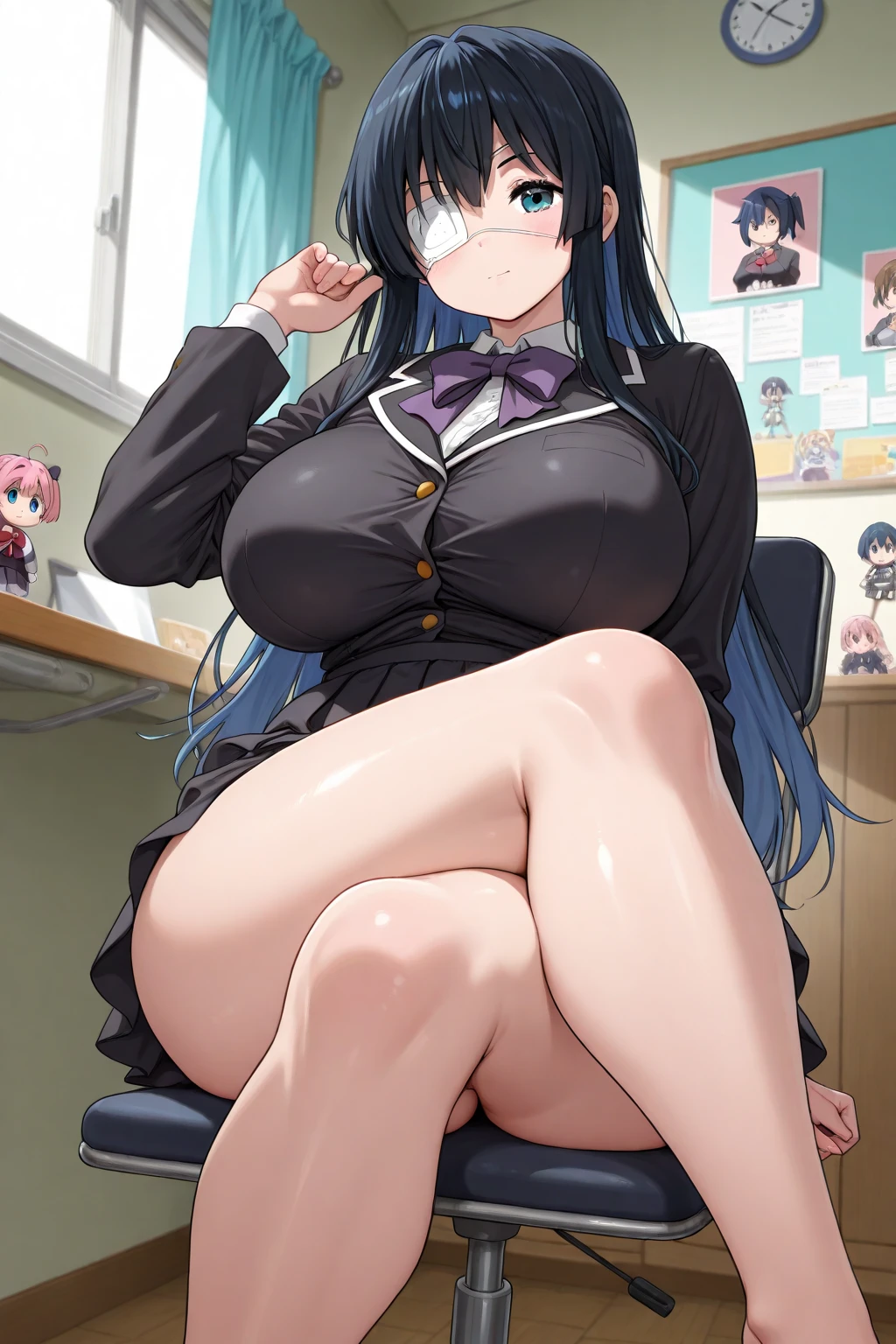 (locker room)、(cowgirl position、girl on top、SEX、1 boy and 1girl are having sex)、((She slides down her navy blue school swimsuit to expose her nipples.))、(Glasses)、Super precise illustration、Super precise expression、masterpiece、highest quality、ultra High resolution、High resolution、(big breasts:1.3)、Sweat、body fluid、shiny skin、big thighs、(black blue hair、long hair、Braid)、(expression of dislike:1.25)、Mommyfy