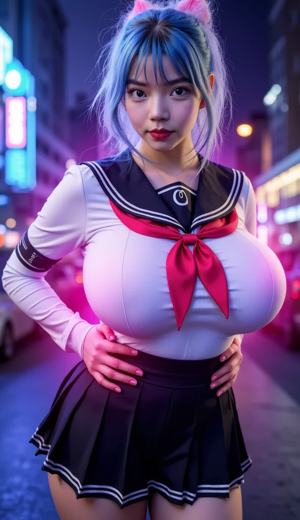 (((of the highest quality: 1.4))),(unparalleled masterpiece ever), (Ultra high definition),(Ultra-realistic 8K CG), offcial art、 (((adult body, accentuated super huge enormously gigantic tits, cleavage showing))), (((1girl in))), ((( very long hair in pigtails ))), Punk girl with a perfect body, school girl uniform school girl skirt and backpack with lots of straps buckles and zippers,Beautiful and well-groomed face,Fancy makeup,Detailed punk fashion,school girl uniform and school girl skirt, (Image from head to thigh),((Platinum white hair )), Harajuku-inspired hooded jacket, Simon Bisley's urban savage style,Detailed street background of school classroom,Clean abs, Complex graphics, dark pink with white stars and gray and white stripeany poisonous tattoos )), piercings,