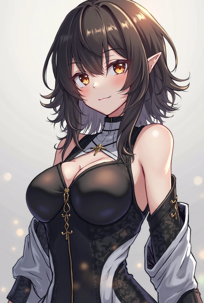((Best quality, masterpiece, 4k, best anatomy)), cute girl, (violet hair), ((very long curly hair)), perfect face, (yellow eyes), ((naked)), ((flat breasts)), ((21 years old)), skindentation, extreme detail, attractive angular face, red lips, pink nipples, glossy skin, detailed hair, face focus, close-up chest, ornamental gold necklace, gold earrings, ((1 girl)), embarrassed expression, elf ears, innocent smile, (()), ((slender)),