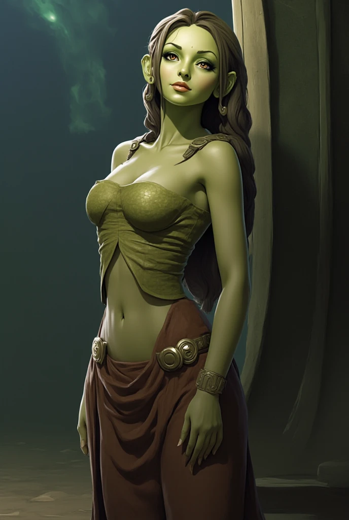 (best quality, masterpiece, highly detailed), 1girl, (green skin), sexy busty Twi'lek, large breasts, skindentation, cleavage, looking at viewer, gold and black bikini, gold, ornate metal bra, metal lace, gemstones, jewelry, long skirts, armlets, pelvic curtain, Star Wars, lekku stripes
