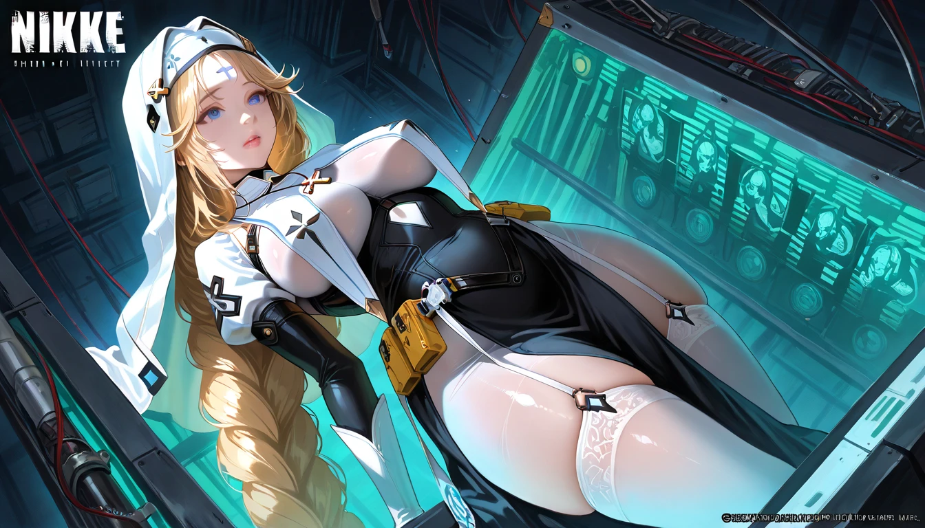 sensual, long blonde hair, thick thighs, 8K, 4K, highest quality, High resolution:1.2), cute anime face, noise reduction, shining blue eyes, gentle smile, wearing a headband, naked, toned abdominal muscles, muscular arms, muscular legs, (((exposed nipples))). , young face, anime chic eyes, white bodysuit, white rubber suit,nun,white panties, Lock,nun,O-ring,See-through,veil,elbow bag,Mistress,collar,cuffs ,thigh strap,thigh boots, T-back that digs into your butt、Rear view、MS cockpit、Sit in the cockpit