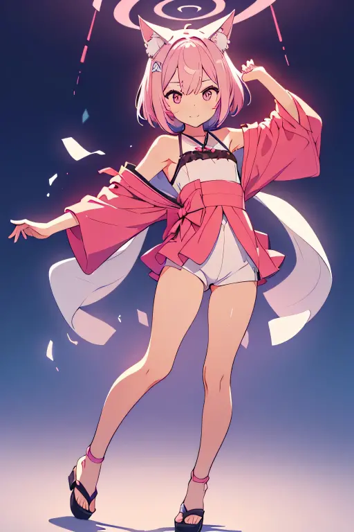 Anime girl with pink hair and rabbit ears with a pink leotard, pink eyes, shy blush,uncovered legs,uncovered thighs.full body, barefoot, feet,