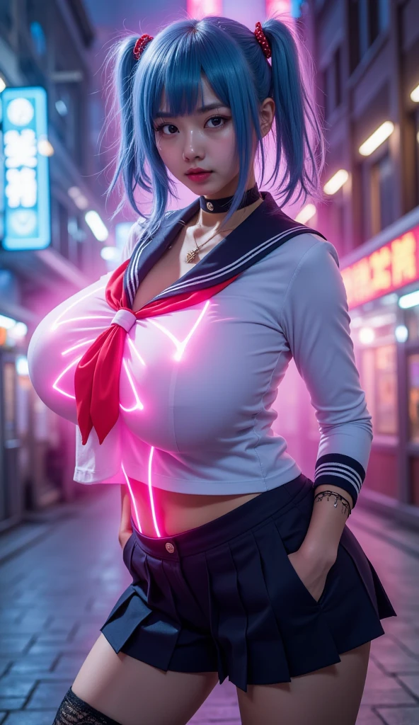 { 1girl, (molesting:1.8) }, BREAK, { city street, night, (POV hand grabbing breast:1.6), surrounded by crowd, (5 crowd hands touching girl body:1.6) }, BREAK, { (masterpiece:1.6), (best quality:1.8), (photo realistic:1.8), (8K resolution:1.6) }, { shallow depth of field, (neon side lighting:1.3), (low key:1.6), (dim background:0) }, BREAK, { beautiful 24yo, ((glowing blue eyes)), (smiling:1.4), (shiny skin:1.8), (slender body:1.3), huge breasts, (neon-color hair:1.6), (straight long hair:1.3), (perky nipples:1.3) }, BREAK, { ((translucent skin-tight clothes)), (see-through:1.6) pantyhose, ((pubic hair)), off-shoulder, long boots }