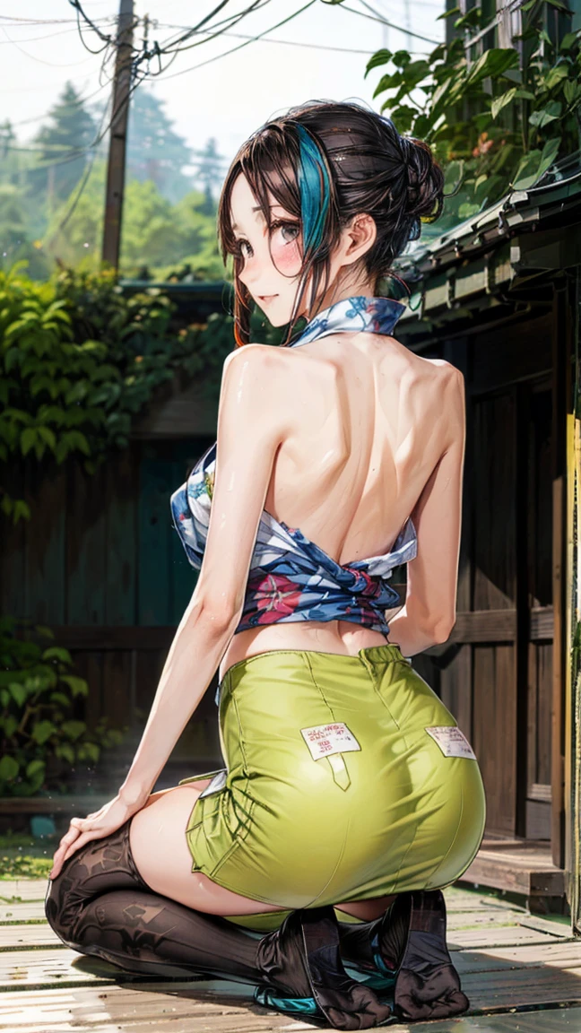 Girl Youku anchor,(((1girll))),((Extremely cute and beautiful girl with green curly hair)),
Watching from behind,Back view
(short breasts:1.4),big assa,(((Green curls:1.35,Very curly hair,Colored inner hair,Ear breathing,Short hair))),(((Green_Eyes:1.3))),intricately detailed eyes,Beautiful detailed eyes,Symmetrical eyes,Big eyes:1.3,((Fat)),(((Glossy glossy skin:1.5,Bright Skin: 1.5,dark tanned skin,Shiny skin,very shiny skin,shining body,plastic glitter skin,exaggerated shiny skin,brightskin,Wet legs))),Detailed body,(Detailed face),
Cute,slutty,Seductive,Erotic,(((NSFW))),
zettai ryouiki,Clothing that exposes,show skin,((rave mini-skirt,visible thong straps,White loose vest,Decorated with anime art print)),((Wet clothes,intricate outfits,intricate clothes)),
(Dynamic pose:1.0),Embarrassed,(Buttocks display,scale to fit the dimensions,Rule of thirds),Close-up of buttocks
Seaside cyberpunk city at night, There are bright neon lights and dark storm clouds and puddles, scenery:1.25,
artsy photography,(photography of:SLDR),A high resolution, Sharp focus, (Ultra detailed, Extremely detailed), (realistic artwork:1.37),(Extremely detailed Cg Unity 8K wallpaper),((Synthetic wave background theme)),(((Vibrant colors))),(intricate background),(Masterpiece),(Best quality),