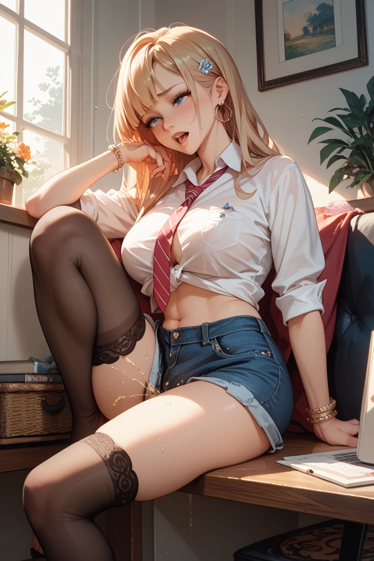 1girl, cleavage, ((soft breasts)), ((small breasts)), thick thighs, ((tight, unbuttoned denim shorts)), expensive glasses, plaid shirt with sports bra, pretty 18yo sitting at a school desk, (angled view), red lipstick (best quality, high quality, high resolution, masterpiece), (blonde hair in a ponytail), high quality 21st century clothes, highly detailed accessories, beautiful makeup, cinematic lighting and reflections, , ultra-detailed, high quality illustration, eye-catching, highly detailed eyes, sharp focus, , colorful theme, professional color grading, perfect color balance, ((smug)) ((curvy body))