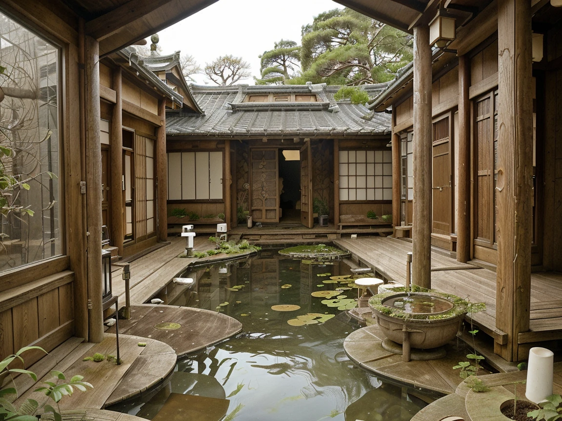 there is a walkway that leads to a pond in a Japanese Garden, Japanese house, inspired by Ito Jakuchu, Japanese architecture, Small Village Pond and Courtyard, Inspired by Kyoto, ancient Japanese architecture, Japanese temples,  Lush Japanese Scenery , in Japanese Garden, Japanese Garden, Close up of a stained glass window with a, inns at night, houses from the Edo period