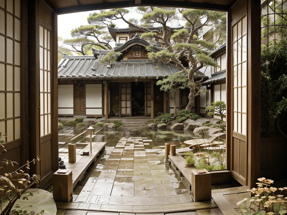 there is a walkway that leads to a pond in a Japanese Garden, Japanese house, inspired by Ito Jakuchu, Japanese architecture, Small Village Pond and Courtyard, Inspired by Kyoto, ancient Japanese architecture, Japanese temples,  Lush Japanese Scenery , in Japanese Garden, Japanese Garden, Close up of a stained glass window with a, inns at night, houses from the Edo period