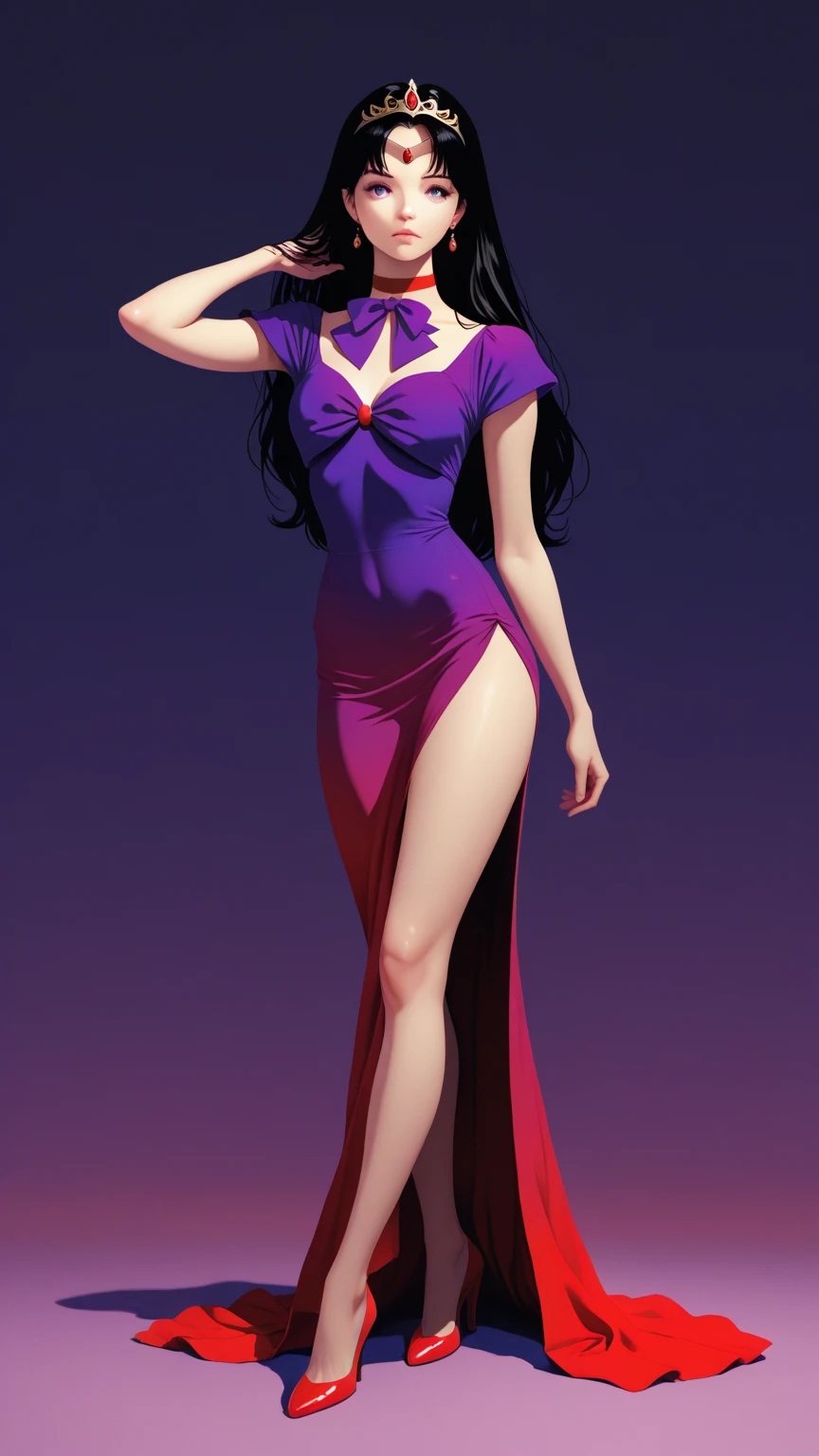 Milla Jovovich, long hair, redgown, Barbie, cartoon sexy girl, posing gracefully for photo, beauty in loose dress, long straight black hair, Waist slender, sexy girl, mulher de corpo inteiro, wearing loose dress, beautiful seductive woman, slender figure, cartoon vector style, corpo pin-up, Broad Hips
