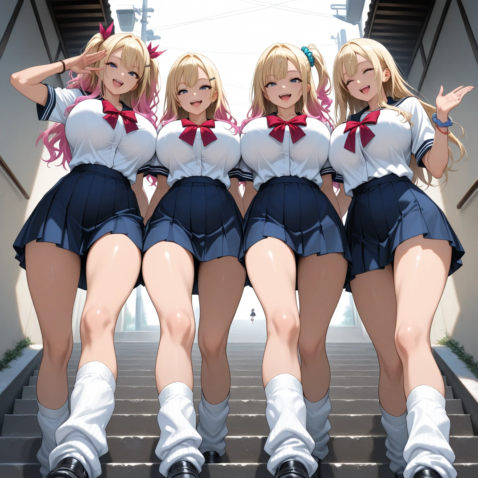 Texture CG, ((Ultra Detail Art)), ((​master piece)), (extremely details CG),Multiple girls,3girls,harem , school gals ,school gyaru ,((((school unifrom))),skirt ,(((pleated mini skirt)))), white shirt, school bag, bag , beautiful legs,from below, wind lift, panty shot, show off panties, (string panties),long hair, blonde hair, brown hair, pink hair, silver hair, Curve, Beautiful detailed eyes , gleaming skin, bracelet, ,hair ornament, hairclip, jewelry, open mouth ,light smile, embarrassed:1.4,
